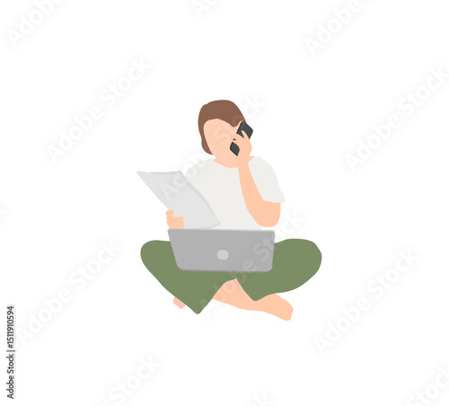 Remote worker woman using a laptop with coffee in hand, no facial expression