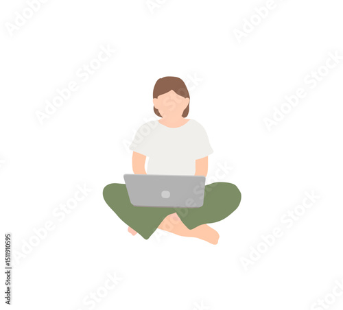 Woman working remotely on laptop, simple flat style illustration