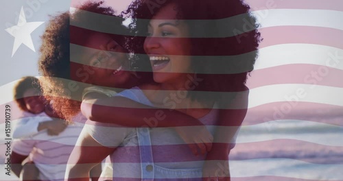 Marketing mother piggybacking daughter under flag overlay extending arms inviting father carrying