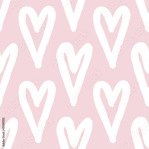 Heart seamless pattern texture. Valentines day illustration of romantic white hand-drawn hearts on pastel pink background. Wedding brushstroke repeating print design.