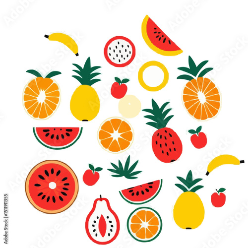 Colorful tropical fruits design.  A vibrant collection of various fruits, including pineapple, watermelon, banana, orange and apple, arranged in a visually appealing cluster.