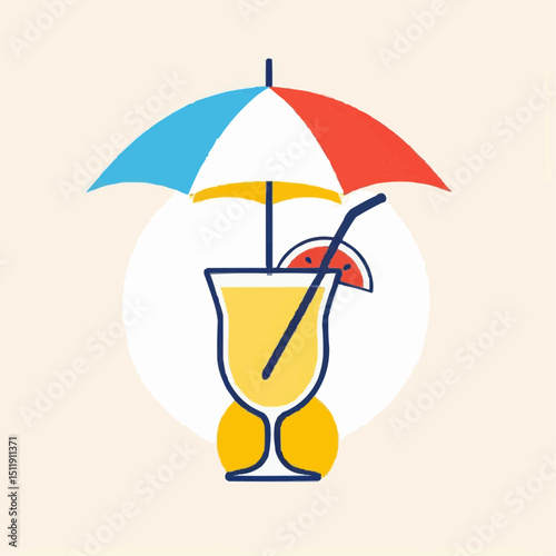 A refreshing cocktail adorned with a vibrant umbrella and watermelon slice