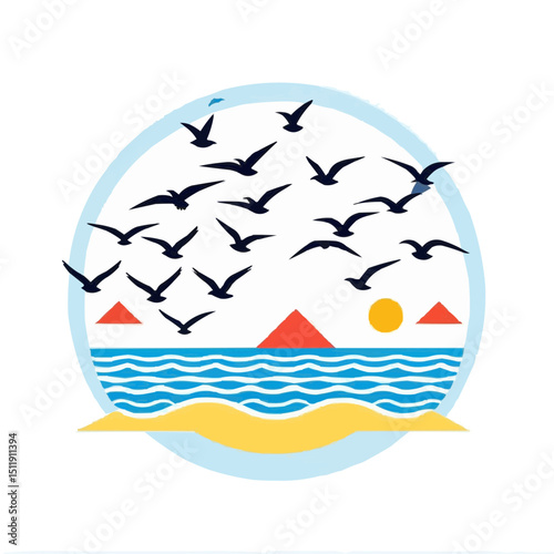 A flock of stylized birds flying gracefully over the sea with sun