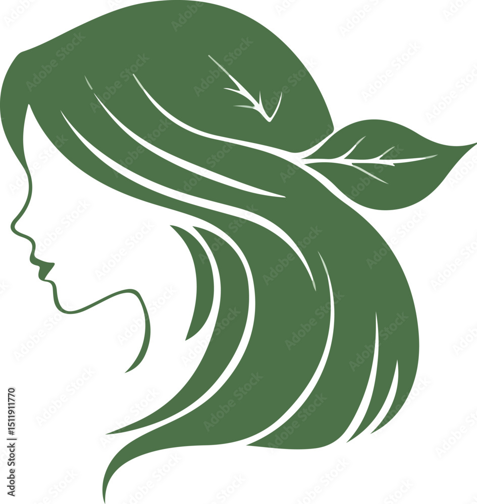 Fototapeta premium Elegant Woman s Profile with Leaf Hair Design for Beauty Nature and Wellness Brand Identity and Eco Friendly Product Packaging Concept
