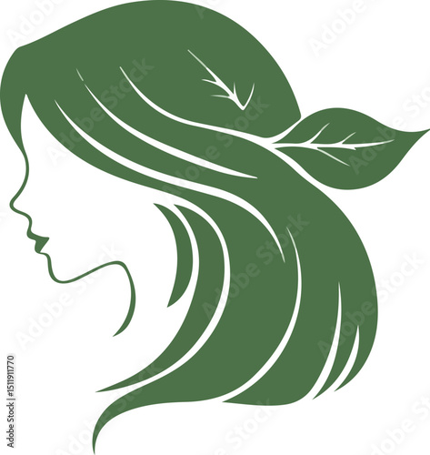 Elegant Woman s Profile with Leaf Hair Design for Beauty Nature and Wellness Brand Identity and Eco Friendly Product Packaging Concept