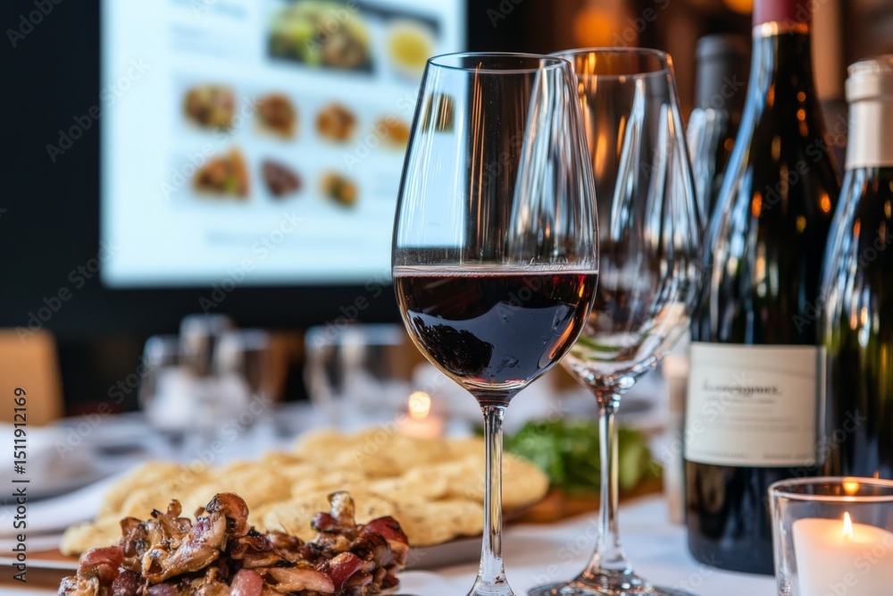 Naklejka premium A glass of red wine is placed on a table set for a meal with bottles and food in the background