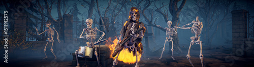 Halloween party: creepy skeleton band playing rock. Scary skeleton in burning robe playing guitar.