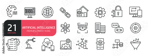 Set of line icons artificial intelligence, artificial brain, machine learning, smart robotic.  Outline icons collection. Editable stroke. Vector illustration. stock illustration