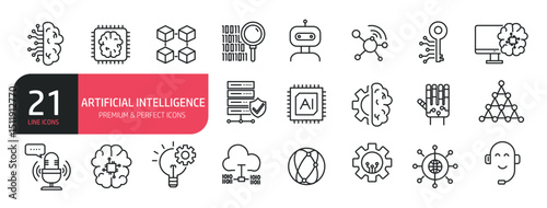 Set of line icons artificial intelligence, artificial brain, machine learning, smart robotic.  Outline icons collection. Editable stroke. Vector illustration. stock illustration