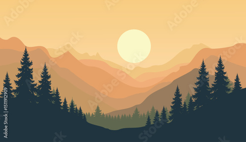 Mountain landscape at sunrise or sunset with fog, mist, and light illuminating the forest trees and snow-capped peaks