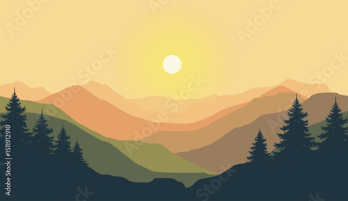 Beautiful mountain view with sunrise and fog at dawn