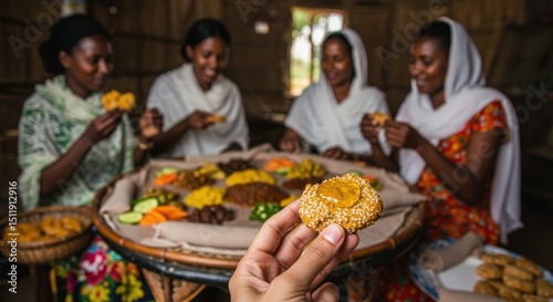 Ethiopian women sharing a traditional meal with injera bread and various wot stews focus on hand