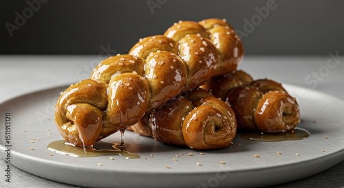 Koeksisters drizzled with golden syrup and sprinkled with sea salt on a plate