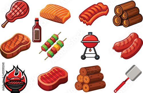 BBQ grilling food steak salmon sausages kebabs firewood grill fire, Collection of colorful illustrations related to barbecuing and grilling, Delicious BBQ grilling food, chef hat, meat, chicken 