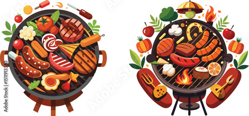 Delicious grilled food barbecue party summer cooking meat vegetables sausages burgers vector design element illustration