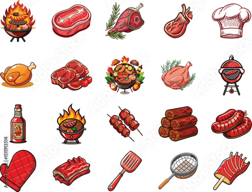 Collection of colorful illustrations related to barbecuing and grilling, Delicious BBQ grilling food, chef hat, meat, chicken, BBQ grilling food steak salmon sausages kebabs firewood grill fire