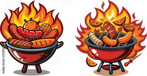Delicious grilled food cooking in two barbecue grills surrounded by flames vector design element illustration