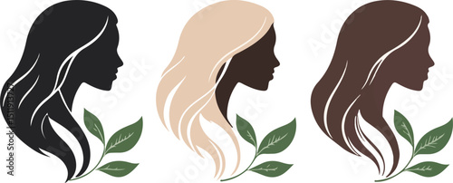Diverse Women s Silhouettes with Foliage A Symbol of Beauty Nature and Inclusivity in Black Blonde and Brown Hair Colors on White
