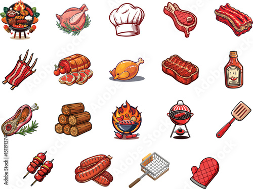 BBQ grilling food steak salmon sausages kebabs firewood grill fire, Collection of colorful illustrations related to barbecuing and grilling, Delicious BBQ grilling food, chef hat, meat, chicken 