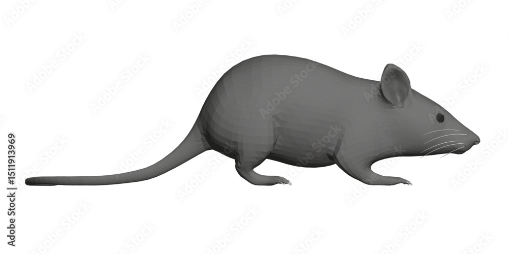 Obraz premium A gray mouse is shown in a white background. The mouse is drawn in a very realistic style, with attention to detail in its fur and features. Concept of calm and stillness. Side view. 3D
