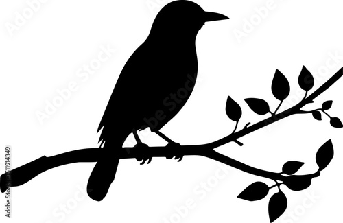 Serene black silhouette of a bird perched on a leafy branch, perfect for nature-inspired designs, calming aesthetics, or decorative avian motifs.