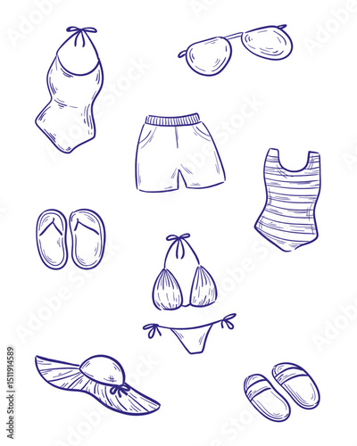 Hand drawn beachwear elements - line art illustration
