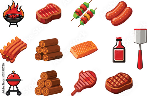 Delicious BBQ grilling food symbol chef hat meat chicken sausages kebabs firewood grill spatula oven mitt for barbecue vector design element