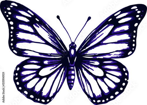 Vibrant blue butterfly with detailed black outlines and intricate wing patterns, perfect for artistic designs, nature themes, or symbolic representations of beauty and transformation.