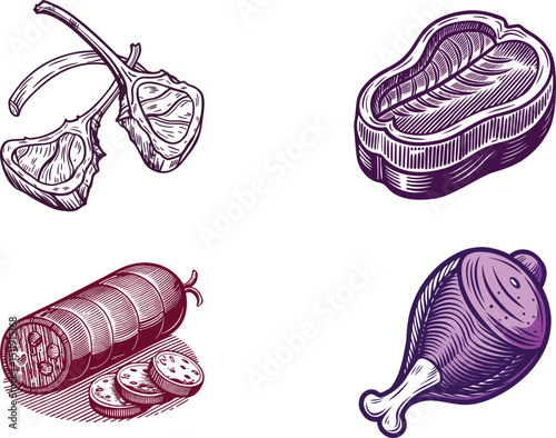 Delicious meat cuts graphic design lamb chops steak sausage chicken leg for barbecue vector design element
