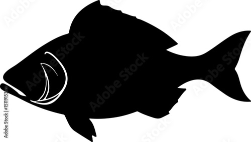 Dynamic black silhouette of a fish with a striking open mouth, ideal for fishing and marine logos, seafood branding, or aquatic-themed designs.