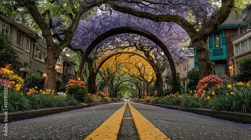 Double-Yellow Line Road with Purple Yellow Floral Streetscape, Tourism Promotion and Postcard Design Material, Natural Color Layer Rendering Technique
 photo