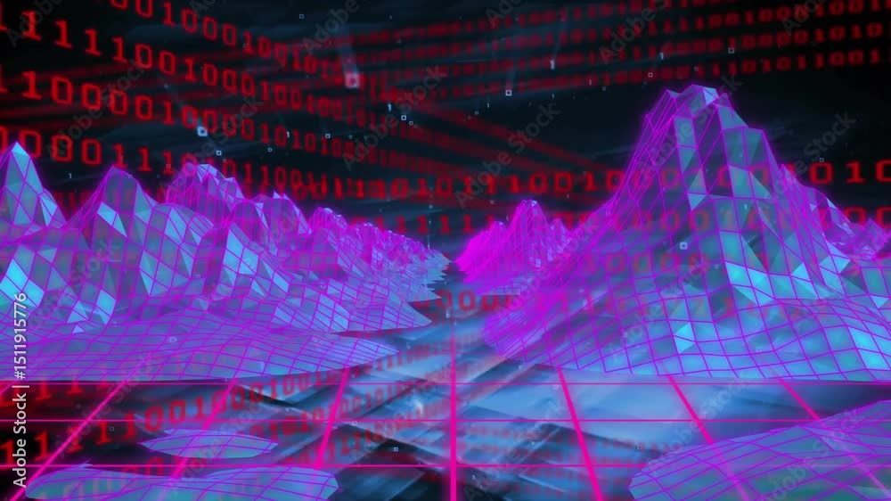 Camera moving forward at start, exploring neon wireframe valley with shiny grid and scrolling code