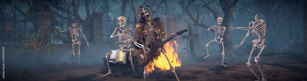 Halloween party: creepy skeleton band playing rock. Scary skeleton in burning robe playing guitar.
Animated video for greeting cards, invitations, posters, events, parties.