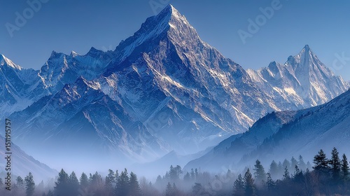 Majestic Snowy Peaks with Misty Forest Landscape, Outdoor Documentary and Travel Brochure Cover Material, Rock Texture Lighting Layer Rendering
 photo