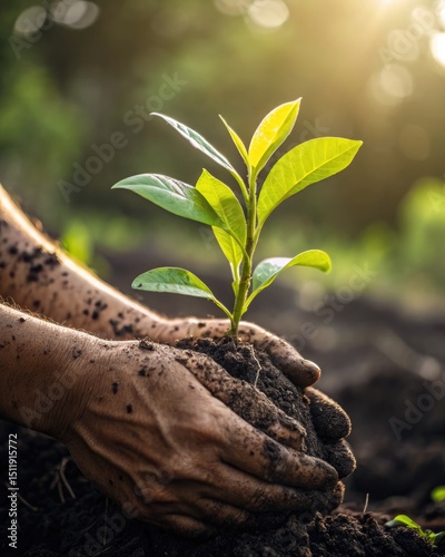 Hands holding a small plant, emphasizing the beginning of life in nature and showing caring.