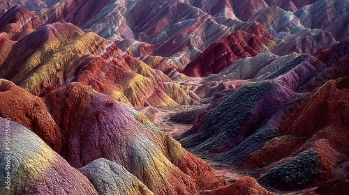 Multicolor Stratified Danxia Mountain Landscape, Tourism Promotion and Documentary Background Design Material, HDR Color Layer Rendering
 photo