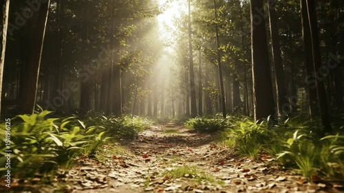 Sunlight streaming through tall trees, serene forest path illuminated by golden rays, perfect for nature themes or relaxation.
