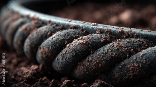 Close-up shot of a weathered black rope resting on a bed of dark, earthy soil texture