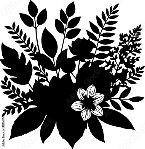 Lush black silhouette of a diverse floral bouquet with intricate botanical details and a highlighted blossom, perfect for elegant designs, wedding motifs, or nature-inspired decor.