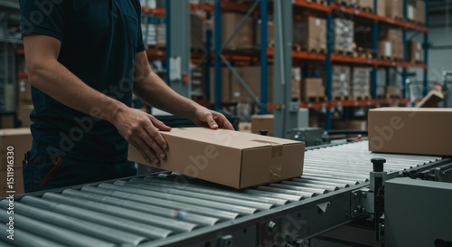 Warehouse Worker Placing Cardboard Box on Conveyor Belt