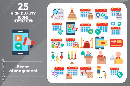 Event Management Flat Icon Set. Incleded Icons Audit, Birthday Cake, Business Event, Event Management, Checklist, Security, Digital Marketing. Vector Icons Collection