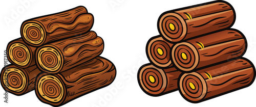Two stacks of wooden logs firewood vector illustration, Two different arrangements of stacked wooden logs suitable for use as a graphic element