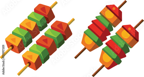 Two skewers of colorful cubed vegetables grilled food preparation cooking recipe, Illustration of two colorful vegetable skewers suitable for a recipe or menu