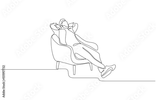 Continuous one line drawing. Young man relaxing in armchair, Young man relaxing in the chair and holding hands behind head. Back view. Vector illustration.