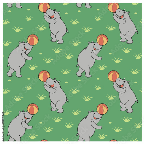Vector seamless pattern for children's toy packaging featuring playful hippos with balls
