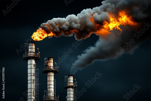 Industrial chimneys releasing dark smoke and flames into the sky during pollution photo