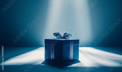 A blue gift box sits under spotlight