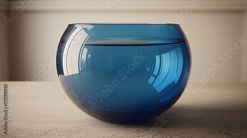 A blue glass bowl filled with clear water sits on a light-colored surface