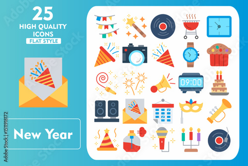 New Year's Flat Icon Set. Incleded Icons Bunting, Fireworks, Mask, Trumpet, Party Hat, Fragance, Karaoke, Candlestick, Vinyl Record. Vector Icons Collection