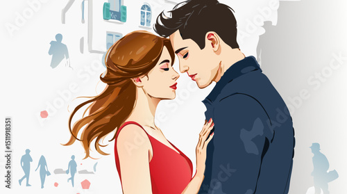 Young couple embracing in urban setting with soft colors  